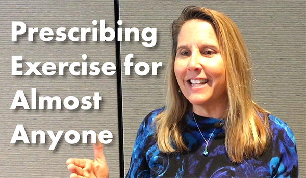 Image of subject matter expert, Sheri Colberg, PhD, smiling on the right hand side with a gray background. On the Left hand side, on the same gray background is the title in large, bold text saying, "Prescribing Exercise for Almost Anyone."