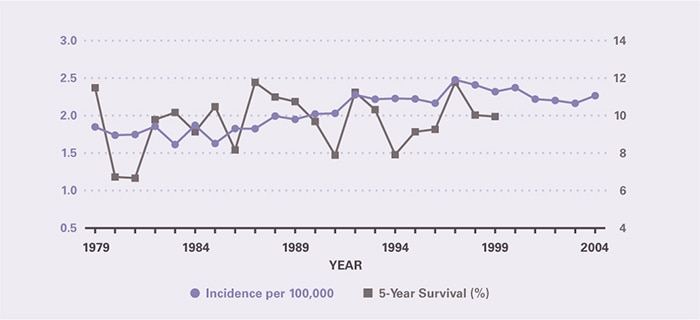 Incidence per 100,000 increased from 1.85 in 1979 to 2.27 in 2004. Five-year survival was around 10 percent for the entire period through 1999, the last year for which it could be calculated.