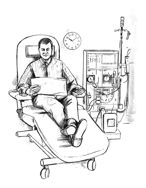 Drawing of a man receiving hemodialysis treatment in a clinic.