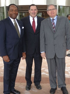 Group photo of U.S. Senator Joe Donnelly, NIDDK Director Griffin P. Rodgers, and NIH Deputy Director Lawrence Tabak