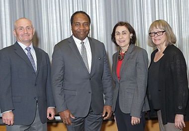 Photo of NIDDK Advisory Council members, from left to right, Dr. Joel Elmquist, NIDDK Director Dr. Griffin P. Rodgers, Dr. Caren Heller, and Dr. Beverly Torok-Storb.