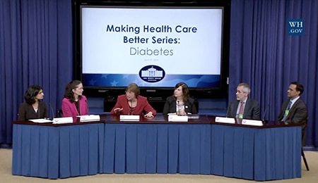 Photo of Dr. Judith Fradkin discussing diabetes research