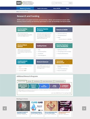 Screenshot image of the research and funding landing page on the NIDDK website.