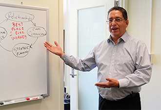 Photo of Dr. Chuck Niebylski standing next to a white board