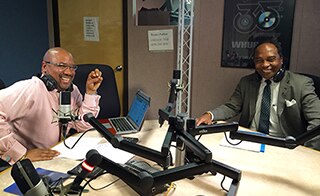 From left, WHUR-FM “Medical Monday” host Harold Fisher and NIDDK Director Dr. Griffin P. Rodgers discuss diabetes alert day on the show.