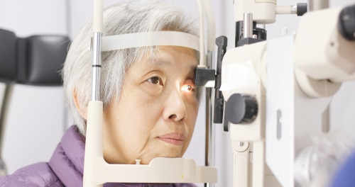 An old woman having an eye exam
