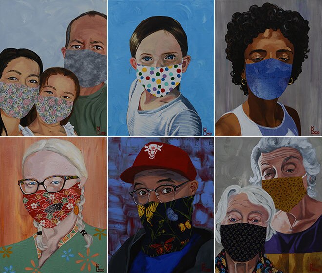 Paintings of people wearing masks