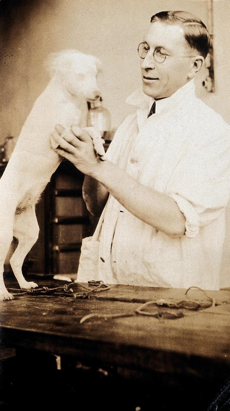 Historical photo of Banting with a research dog.
