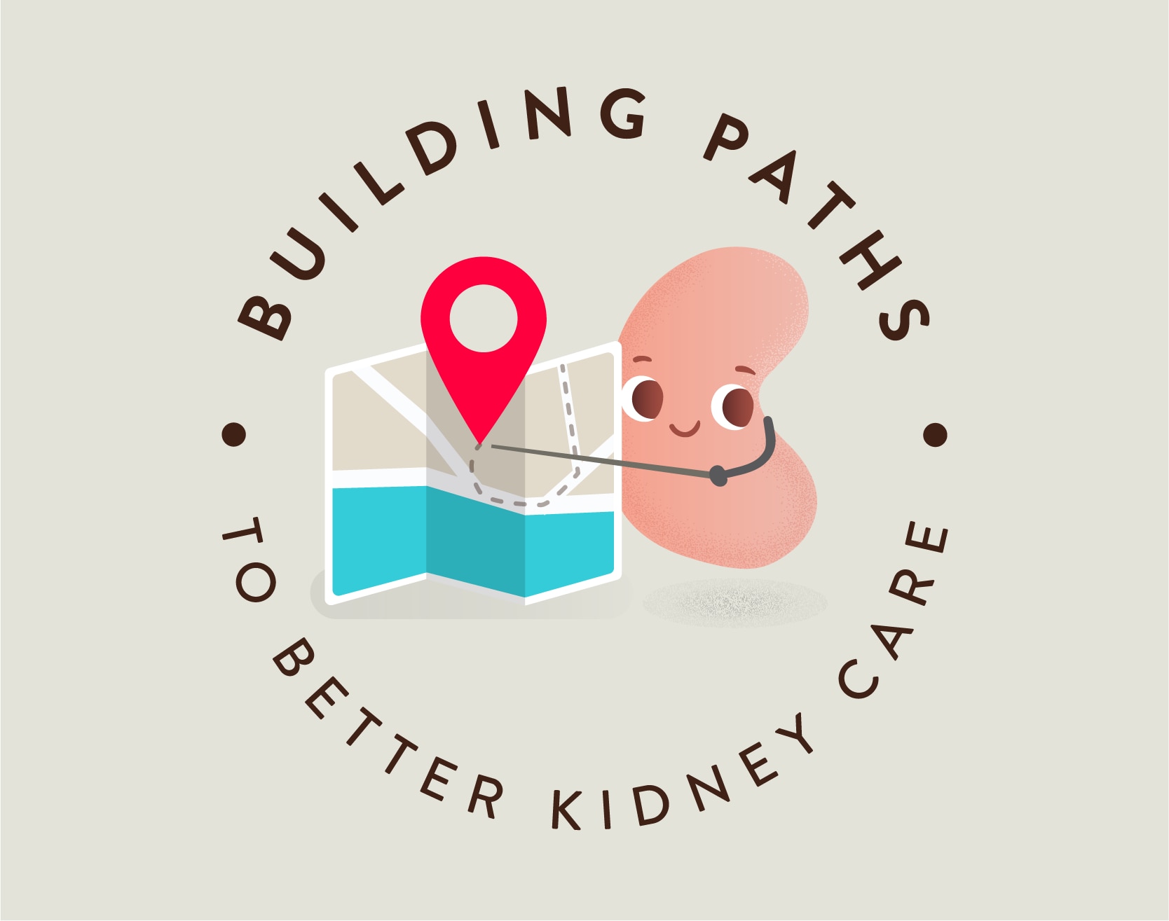 Cartoon drawing of a kidney with a map reading “building paths to better kidney care.”