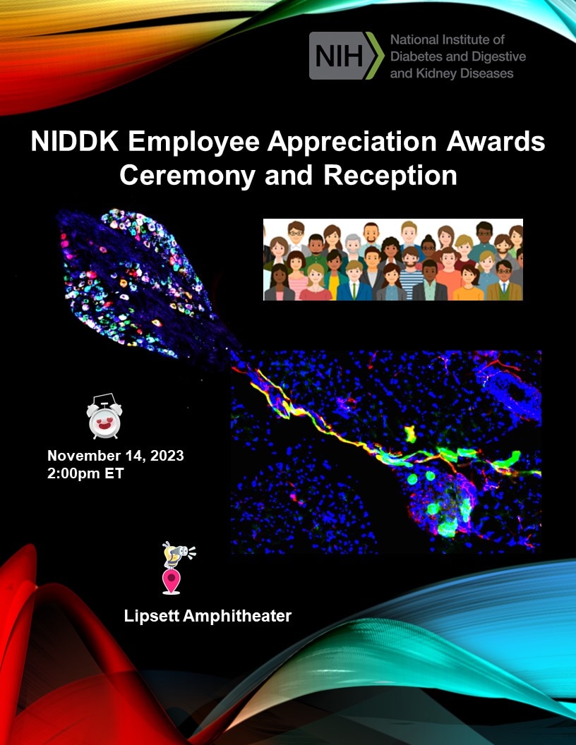Poster design for NIDDK Employee Appreciation Awards Ceremony and Reception showing an illustration of a diverse group of people on top of a neural circuit between vagal sensory neurons and pancreatic islet β-cells in mice.