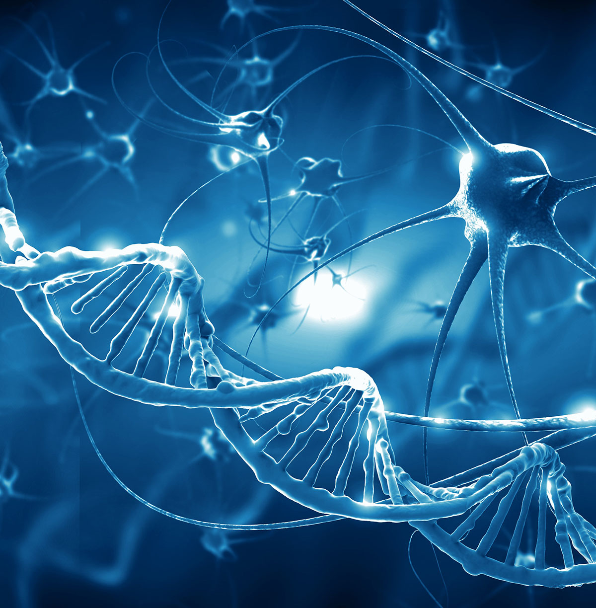 Abstract representation of active nerve cells and a strand of DNA.