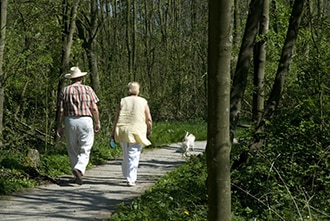 Una pareja caminando con su perro..