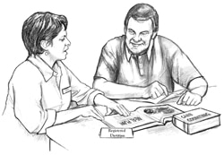 Drawing of a female registered dietitian consulting with a male patient.
