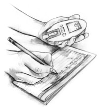 Drawing of hands  holding a blood glucose meter and writing results in a record book.