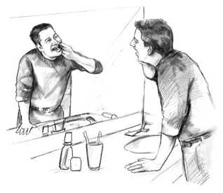 Drawing of a man checking the inside of his mouth in the bathroom mirror for signs of problems from diabetes.