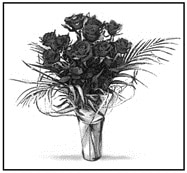 Drawing of a vase of roses as seen by someone with normal vision.