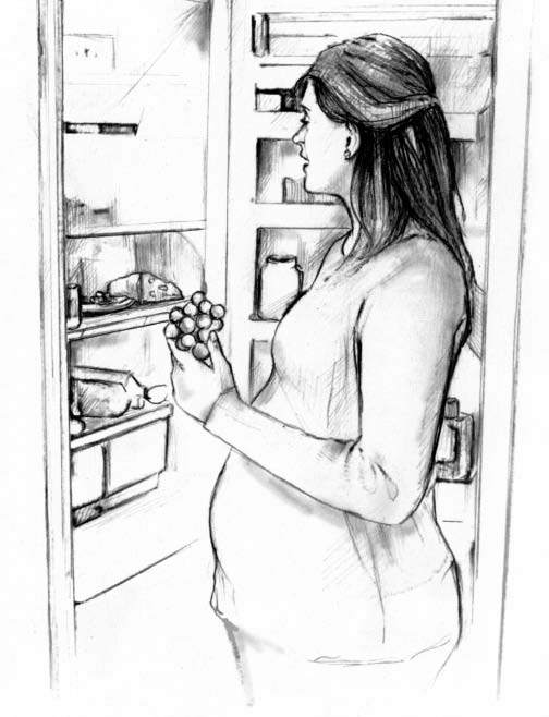 Drawing of a pregnant woman standing at her open refrigerator. She is holding grapes and looking inside the refrigerator at other healthy food. 
