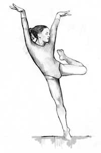 Drawing of a girl in a leotard standing on one foot on a balance beam.