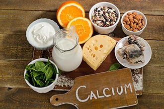 Foods that contain calcium, including milk and milk products, fish with soft bones, leafy green vegetables, oranges, almonds, and dried beans.