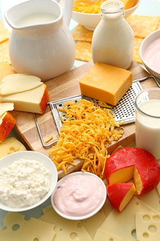 Leche y productos lácteos que incluyen yogur, queso tipo “cottage” y quesos duros.