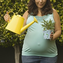 Una mujer embarazada regando una planta.