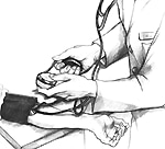 Ilustración de un medico tomando la presión arterial de un paciente.