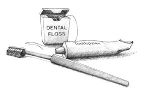 Drawing of a toothbrush, toothpaste and dental floss, together on a table.