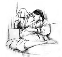 Dibujo de una mujer embarazada enferma descansando en un sofá y tomándose la temperatura.