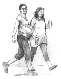 Dibujo de dos mujeres embarazadas caminando.