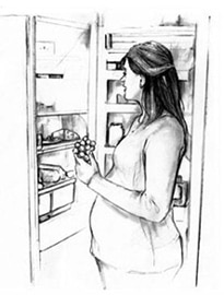 Dibujo de una mujer embarazada de pie frente a su refrigerador.