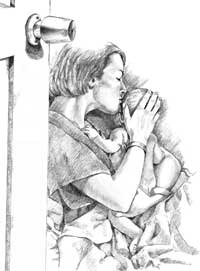 Ilustración de una mujer sentada, sosteniendo a un bebe y besando su frente