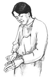 Ilustración de un profesional de atención médica colocándose la ropa de hospital y los guantes.