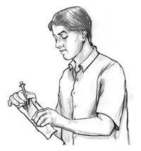 Imagen de un hombre que toma una inyección limpia con droga de una envoltura plástica.