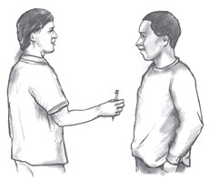 Imagen de un hombre que le entrega una inyección con droga a otro hombre.