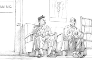 Ilustración de un hombre asiático de mediana edad y un hombre asiático joven sentados en la sala de espera del consultorio médico.