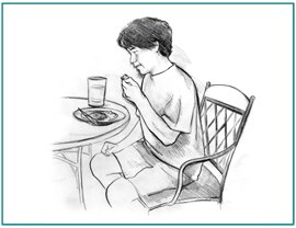 Drawing of an older boy sitting at a table, eating a healthy meal.
