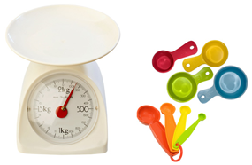Food scale and measuring cups and spoons