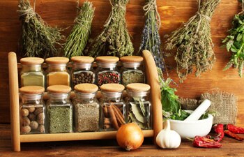 Dried herbs and spice jars.