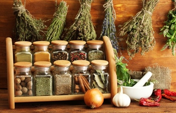 Dried herbs and spice jars.