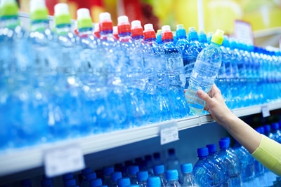 Una persona compra una botella de agua en una tienda.