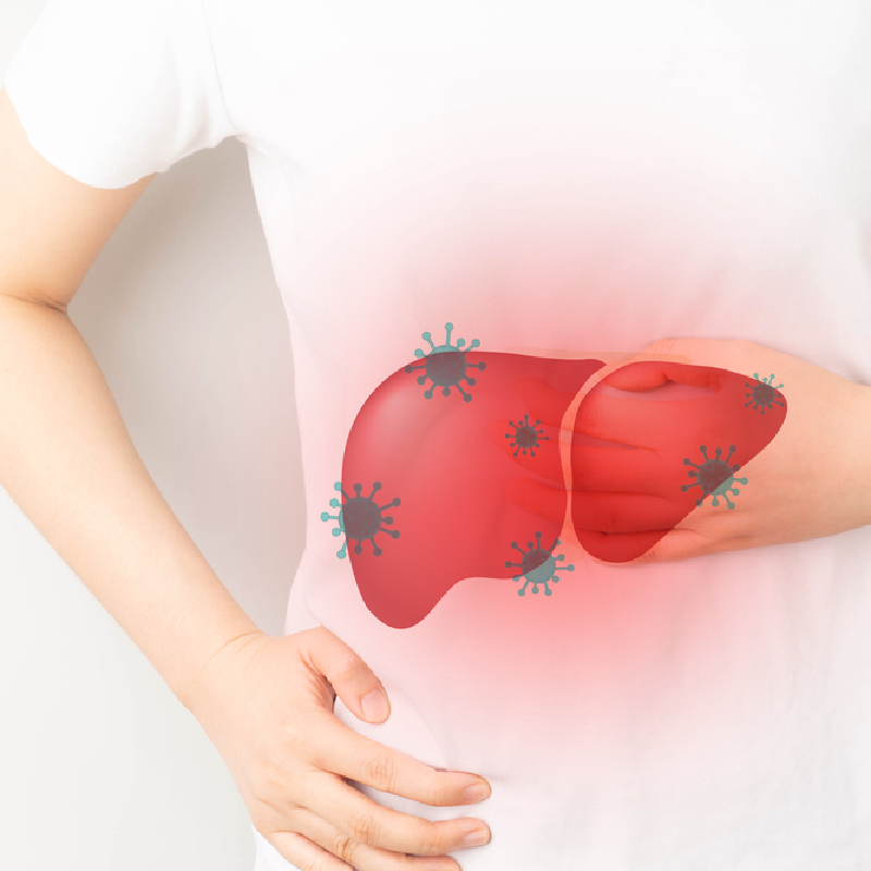 A liver infected with viruses on a human torso.