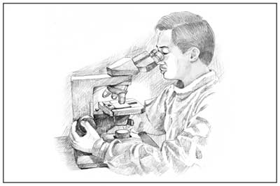 Ilustración de un profesional de atención médica observando a través de un microscopio.