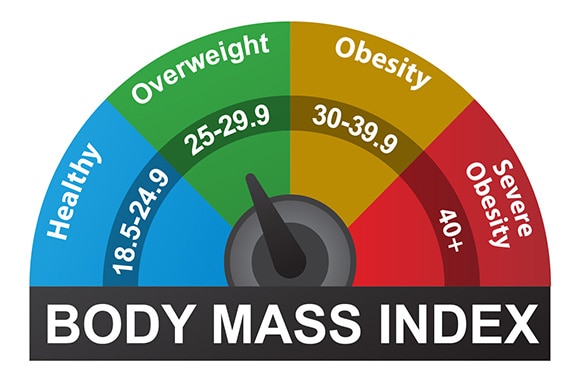 يوضح الرسم البياني معدلات مؤشر كتلة الجسم من 18.5-24.9 كالمعتاد ، و 25-29.9 للوزن الزائد ، و30-39.9 للسمنة ، و 40 أو أكثر للسمنة الشديدة.