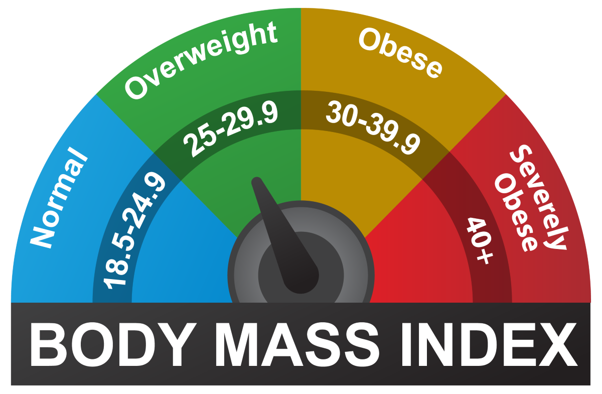 Le graphique montre des taux d'indice de masse corporelle de 18,5-24,9 comme normal, 25-29.9 comme surpoids, 30-39,9 comme obésité et 40 ou plus comme obésité sévère.