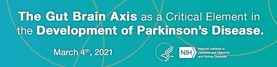 Web banner for The Gut Brain Axis as a Critical Element in the Development of Parkinson's Disease virtual meeting