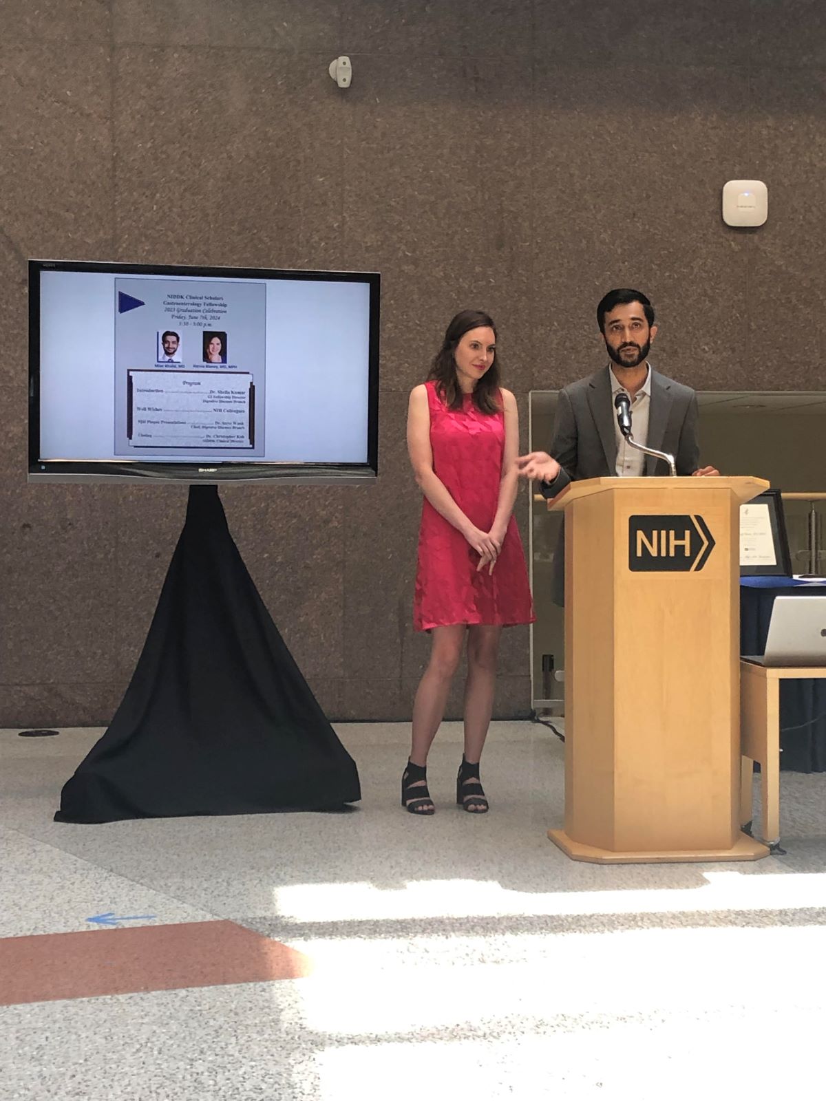 Dr. Mian Khalid and Dr. Hanna Blaney speak as the chosen convocation speakers at the NIH-wide graduation ceremony (2024). 