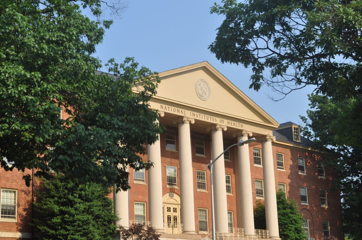 NIH Building one with green foliage in the foreground.