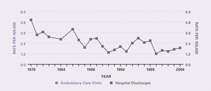 The number of ambulatory care visits during the period was too small to provide estimates. Hospitalizations per 100,000 declined substantially from 5.05 in 1979 to 1.35 in 1992 and have been stable since with a rate of 1.86 in 2004.