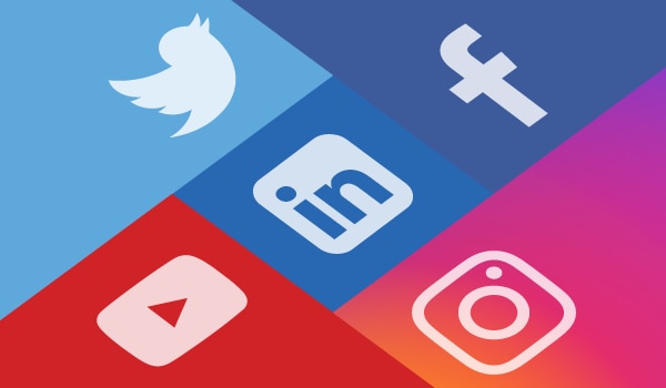 Twitter, YouTube, LinkedIn, Facebook, and Instagram icons.