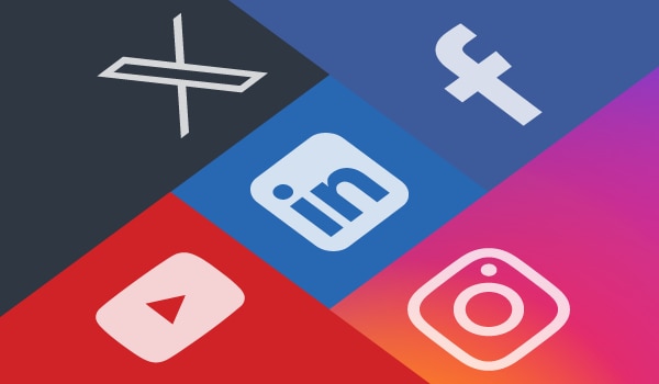 X, YouTube, LinkedIn, Facebook, and Instagram icons.